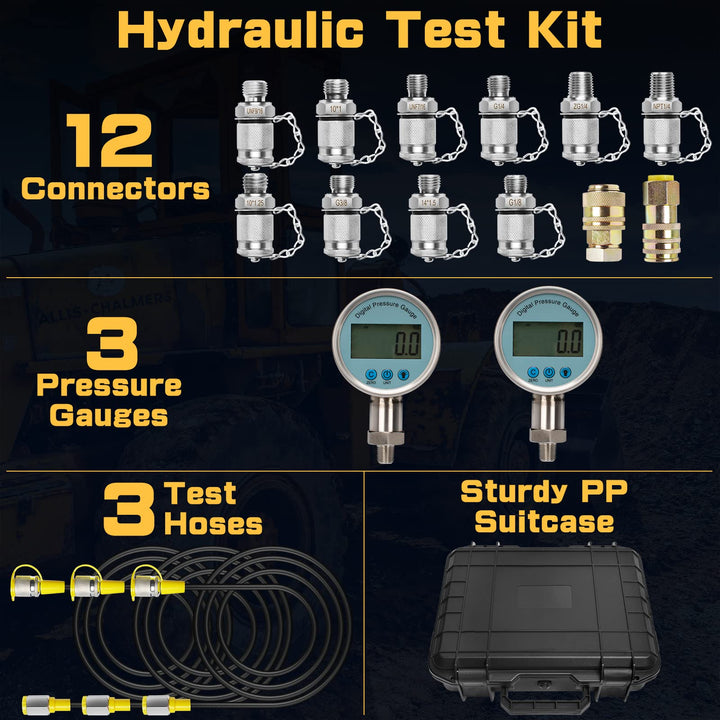 Hydraulic Pressure Test Kit for Excavator, Pressure Gauge Tester Coupling Set with 3 Gauges (3500PSI, 6000PSI, 9000PSI)