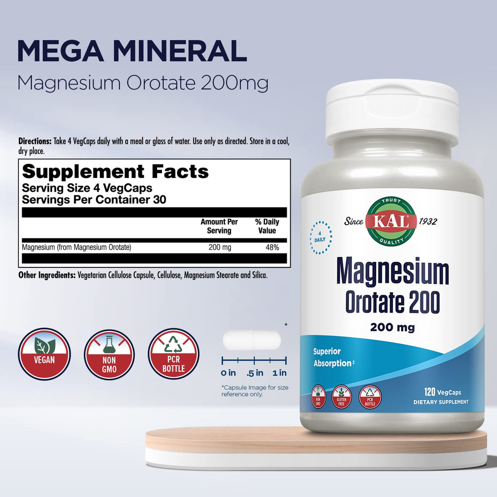 Magnesium Orotate 200 mg, Superior Absorption Formula, Chelated Magnesium for Healthy Bones, Teeth, Nerve and Muscle Function, Vegetarian, Non-GMO, Gluten Free, 30 Servings, 120 VegCaps