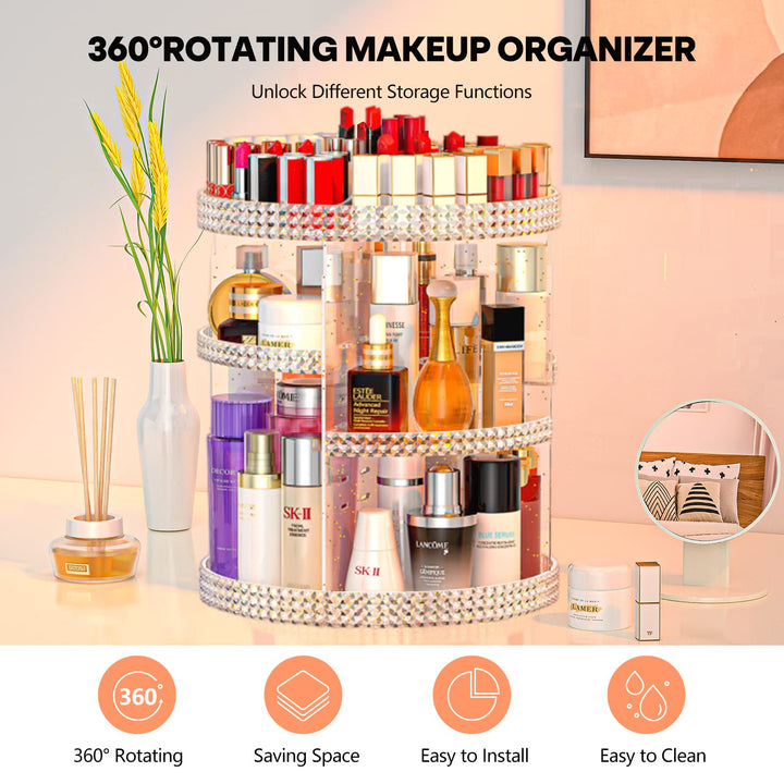 360 Degree Rotating Makeup Organizer, Extra Large Capacity Organizador De Maquillaje, Removable 7 Layers Lipstick Organizer Cosmetic Storage Cases Perfume Organizer for Vanity (Glitter)