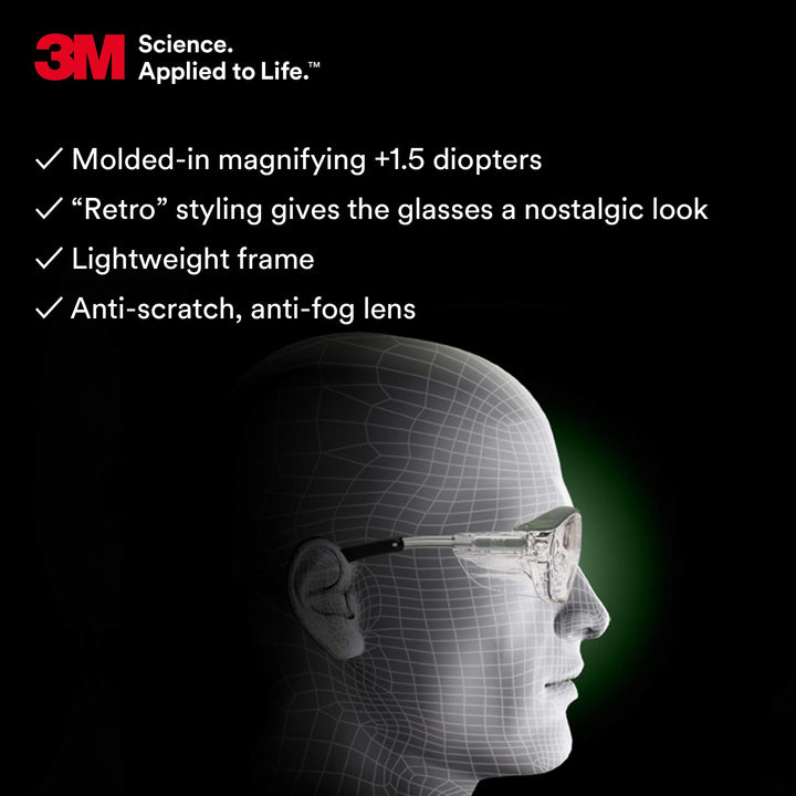 Safety Glasses with Readers, Nuvo Protective Eyewear, +1.5 Diopter, ANSI Z87, Clear Lens, Retro Gray Frame, Soft Nose Bridge, Side Shields