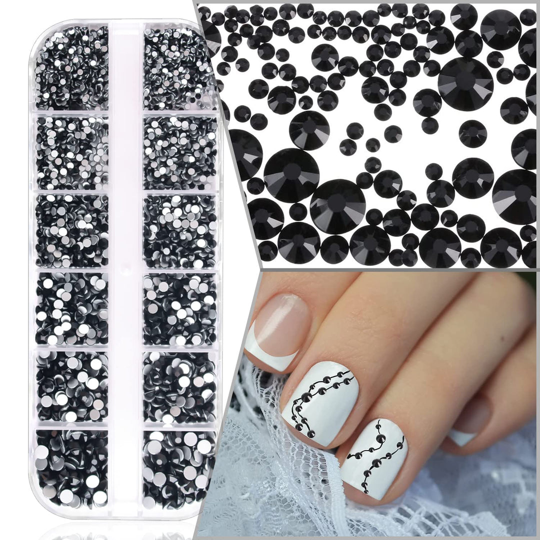 2 Box Flat Back Jet Black Nail Rhinestones Crystals Set Glass Rhinestones Gems For Nails Nail Jewelry Fake Diamonds Nail Charms For Women DIY Crafts Clothes Shoes Jewelry Big Nail Stones