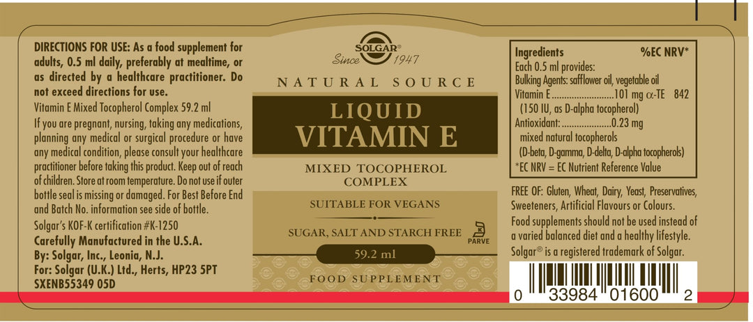 Liquid Vitamin E (with Dropper) - 2 fl oz - Mixed Tocopherol Complex - Non-GMO, Vegan, Gluten Free, Dairy Free, Kosher - 118 Servings