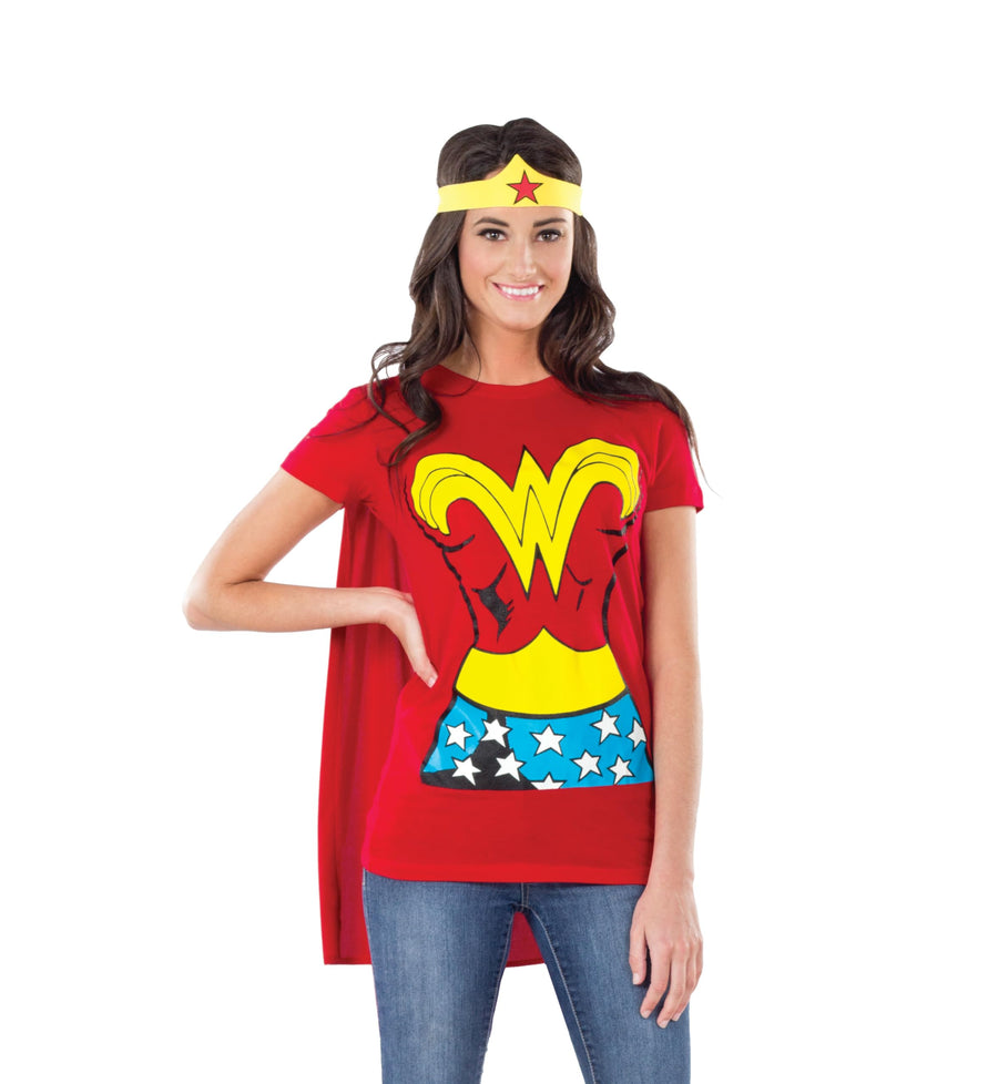 Women's DC Comics Wonder Woman Costume T-Shirt With Cape And Headband, Red, Small