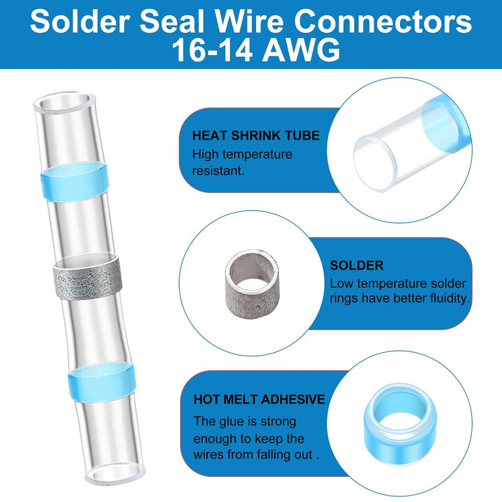 300 Pcs Butt Splice 16-14 Awg Blue Solder Seal Wire Connectors Heat Shrink Waterproof Insulated Electrical Butt Splice Wire Terminals Automotive Marine Electrical Terminals for Boat Trailer Stereo