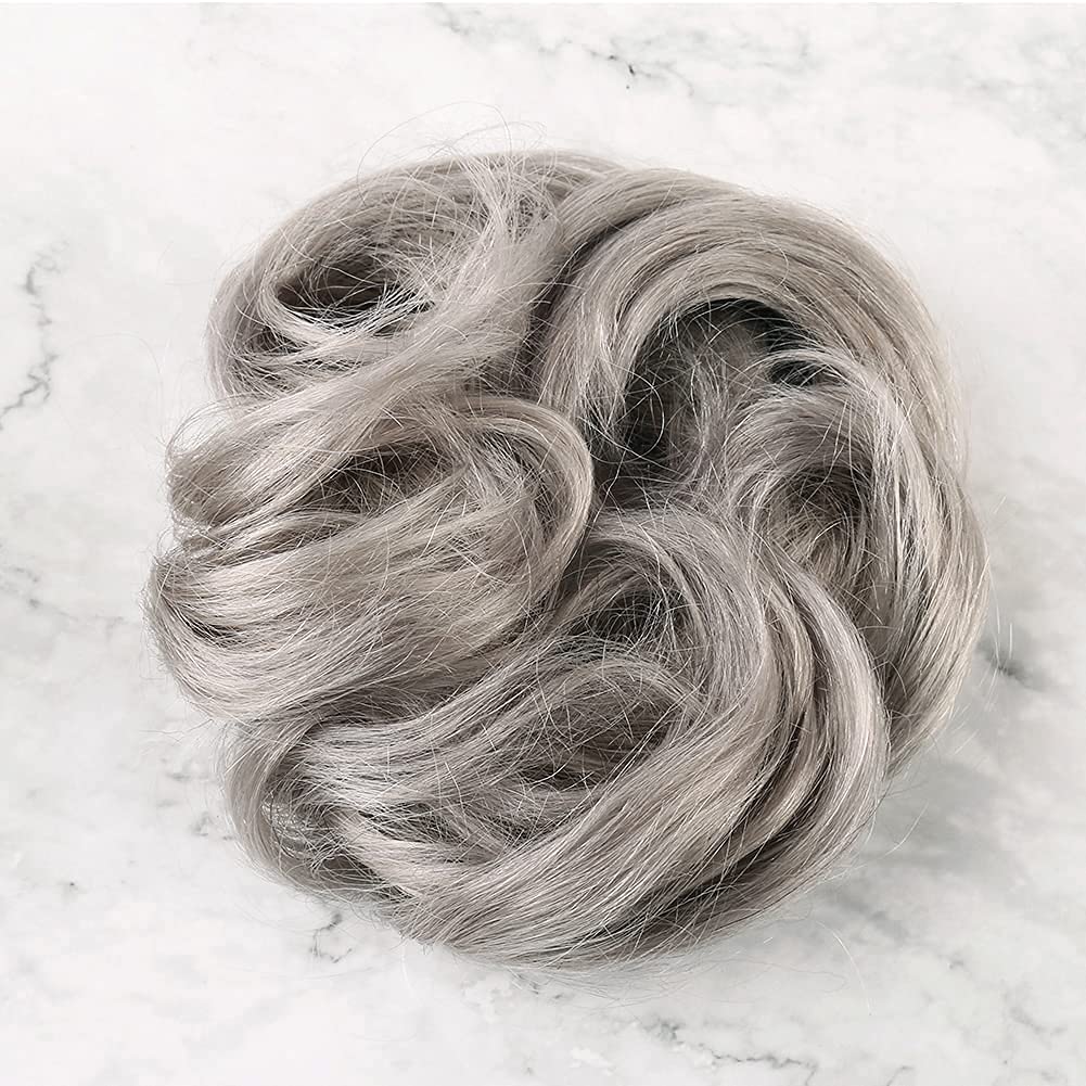 100% Real Human Hair Piece, Messy Hair Bun Scrunchie for Women Wavy Curly Up-Do Hairpiece (#Silver Gray)