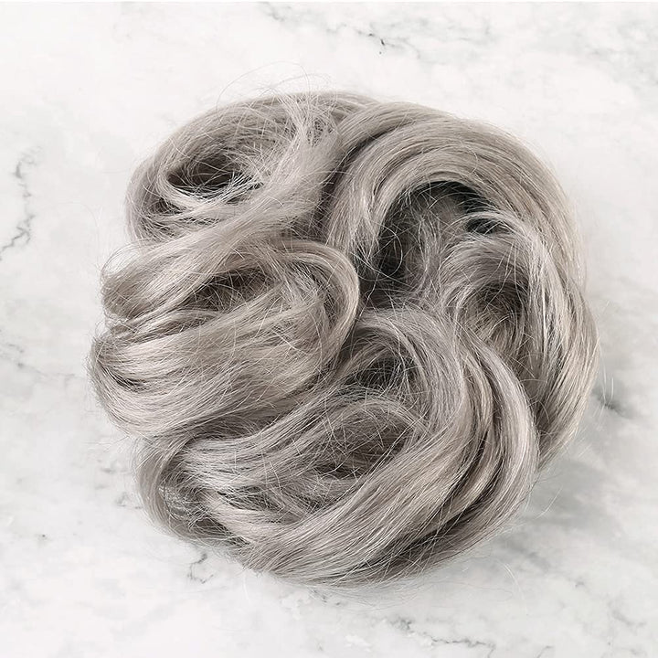100% Real Human Hair Piece, Messy Hair Bun Scrunchie for Women Wavy Curly Up-Do Hairpiece (#Silver Gray)