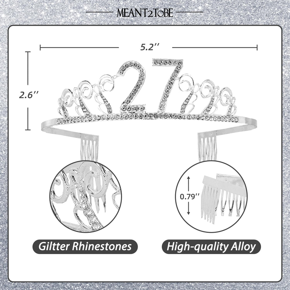 27th Birthday Tiara and Sash silver, 27th Birthday Gifts for woman, HAPPY 27th Birthday Party Supplies, 27 & Fabulous Glitter Satin Sash and Crystal Tiara Birthday Crown for 27th Birthday Party Suppli