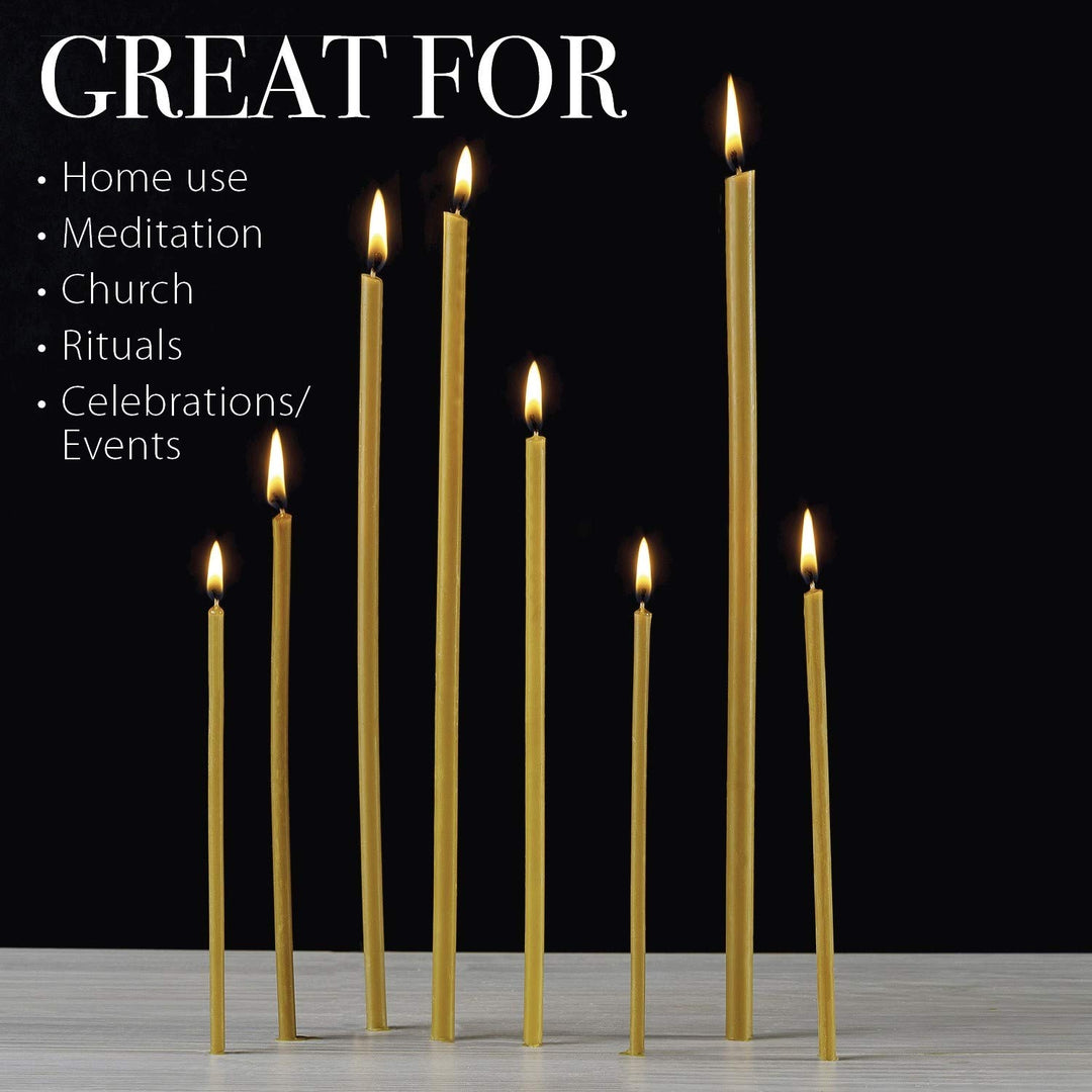 Pure Beeswax Candles - No-Drip, Smoke-Less, Tall, Thin Taper Candles – Decorative Candles for Church Prayer, Decor or Birthday Candles – Honey Scented Candles – 7.3”x0.24” (Yellow, 50pcs)