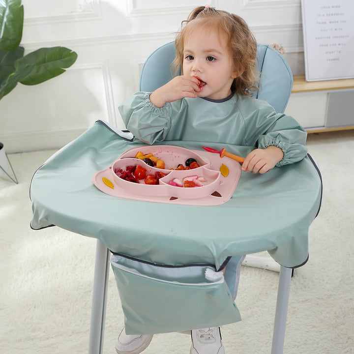 Baby Weaning Bibs anti-dirty Highchair Waterproof Long Sleeved Bib Set Stain Odor Resistance Play Smock Apron 6-36 Months (Sleeved Green)
