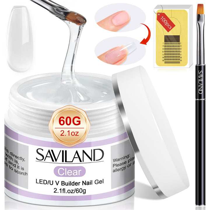 Saviland Builder Nail Gel Kit - 2pcs 30g Clear & Nudes Nail Extension Gel Set Nail Strengthen Nail Art Manicure Set with 100PCS Nail Forms and Acrylic Nail Brush for Beginners