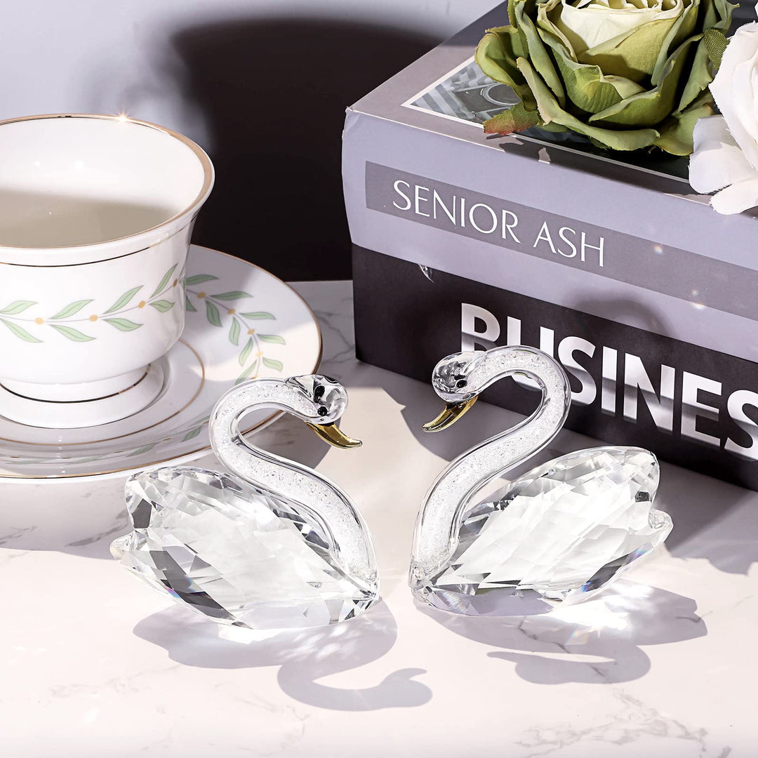 Crystal Swan Figurines Crystal Swan Pair Collectibles Crystal Swan Ornaments Decor, Clear Lover Swans Statues Crystal Paperweight Tabletop Centerpiece for Wedding Living Room Home Office Decor
