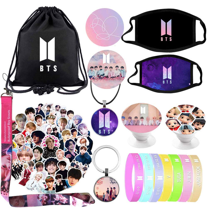 Hills Fans Bangtan Boys Bag Gift Sets Including Drawstring Bag Backpack Stickers,Lanyard,Face-Masks,Keychain,Necklace,Bracelets,Phone Ring Holder, Button Pins