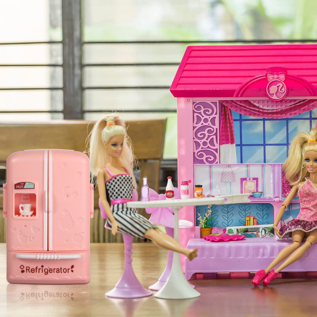 17 Pieces Dollhouse Refrigerator Mini Fridge Toy with Mini Food Set Dollhouse Kitchen Furniture Food Toys Dollhouse Miniatures Kitchen Decorations Bottles Fruit Dessert for Children (Lovely Style)
