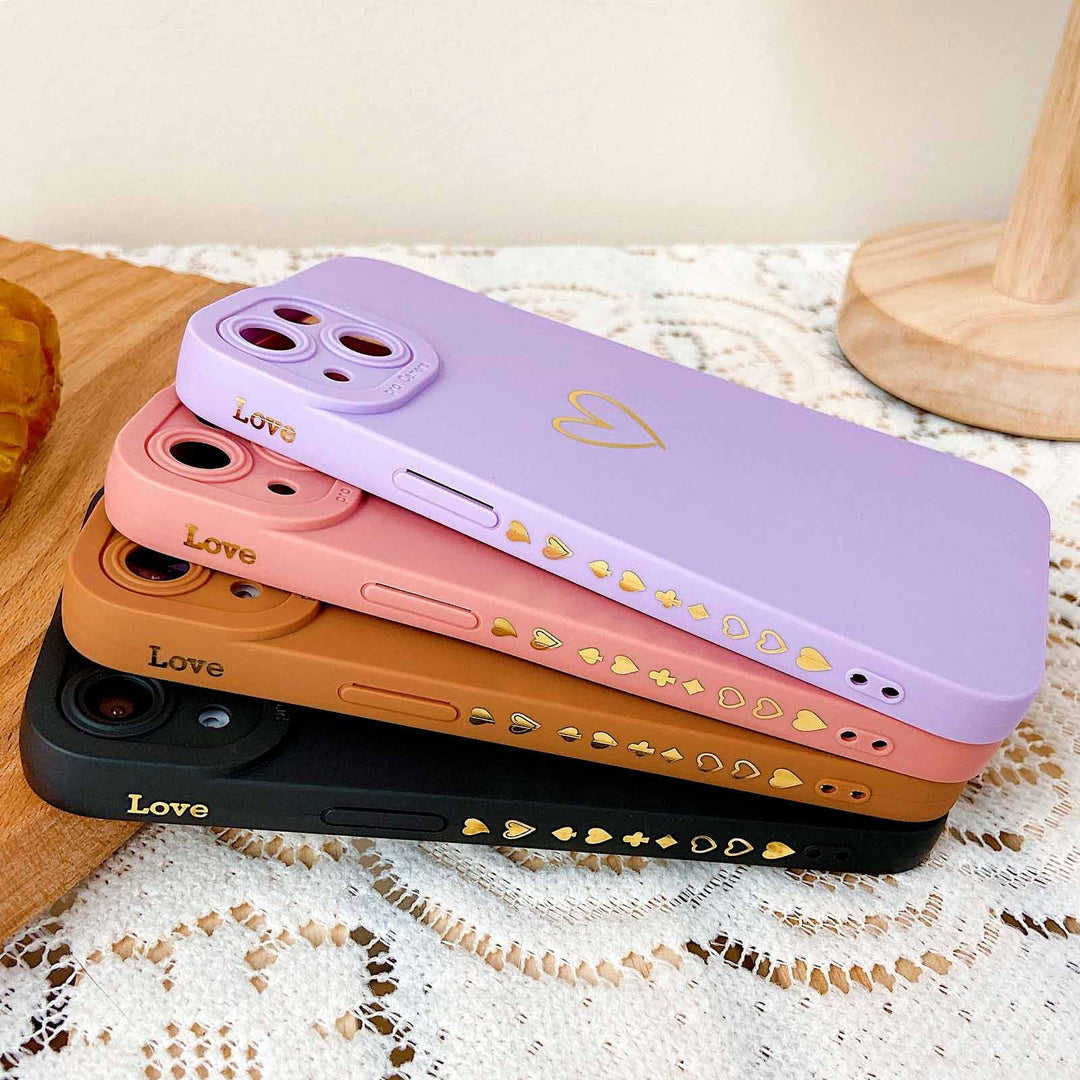 Compatible with iPhone 13 Case Luxury Gold Heart Pattern Soft Liquid Silicone Shockproof Case for Women Girls Side Cute Plated Heart Pattern Slim Phone Case (Purple)