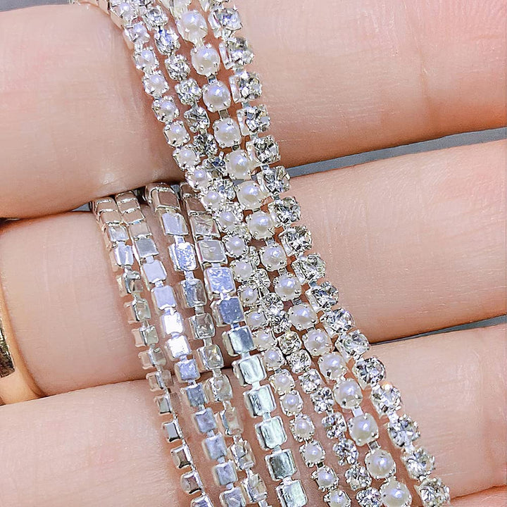 3D AB Rhinestone Chain Nail Art Studs Crystal Diamond Chain Pearl Chain Nail Decoration Metallic Chains Alloy Punk Pendant Ornaments for Nail Art Decoration & DIY Crafting Design (6 Pcs)
