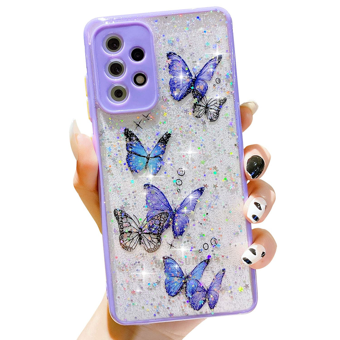 Compatible with Samsung Galaxy A52 4G/5G Case for Girls,Soft Slim Fit Full-Around Protective Cute Clear Sparkly Bling Star Butterfly Pattern Phone Case Glitter Cover for Samsung Galaxy A52 -Purple