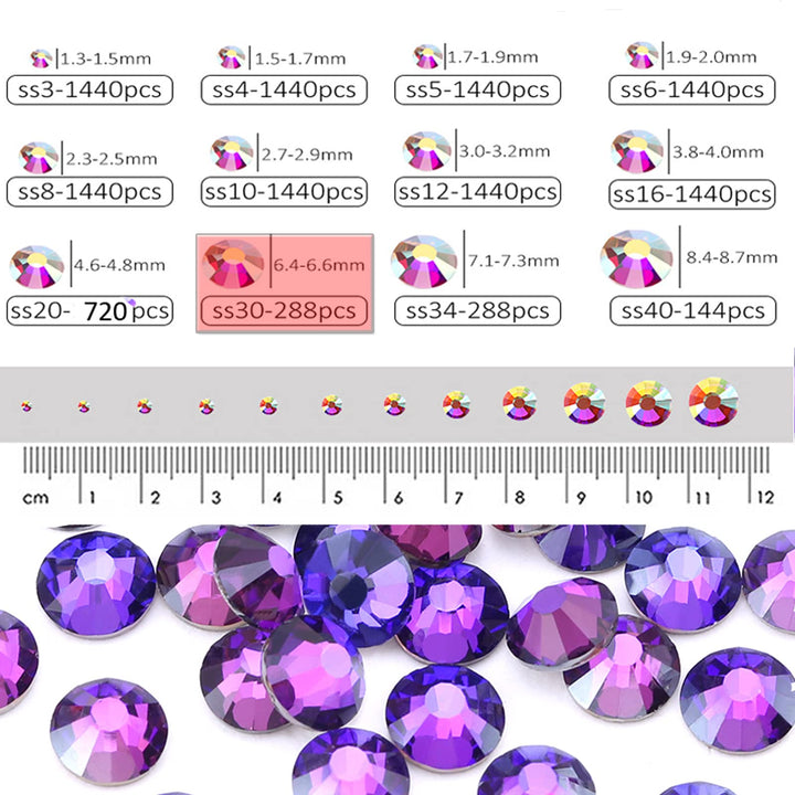 288 Pieces SS30 Flatback Rhinestones, 6.5MM Flatback Crystal Rhinestones for Craft Nails Dance Costumes, Non Hotfix Rhinestones (Purple Velvet)