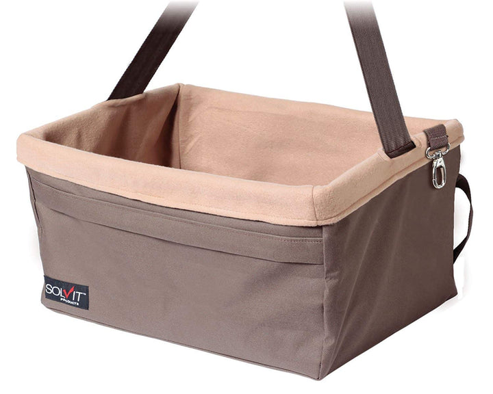 Happy Ride Booster Seat - Dog Booster Seat for Cars, Trucks and SUVs - Easy to Adjust Strap - Durable Fleece Liner is Machine Washable and Easy to Clean - Medium, Brown