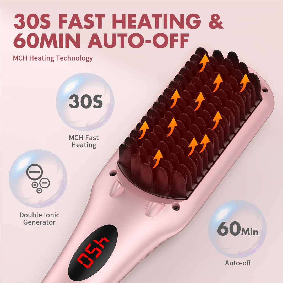 Enhanced Hair Straightener Heat Brush , 2-in-1 Ceramic Ionic Straightening Brush, Hot Comb with Anti-Scald Feature, Auto Temperature Lock & Auto-Off Function (Pink) 4 Piece Set