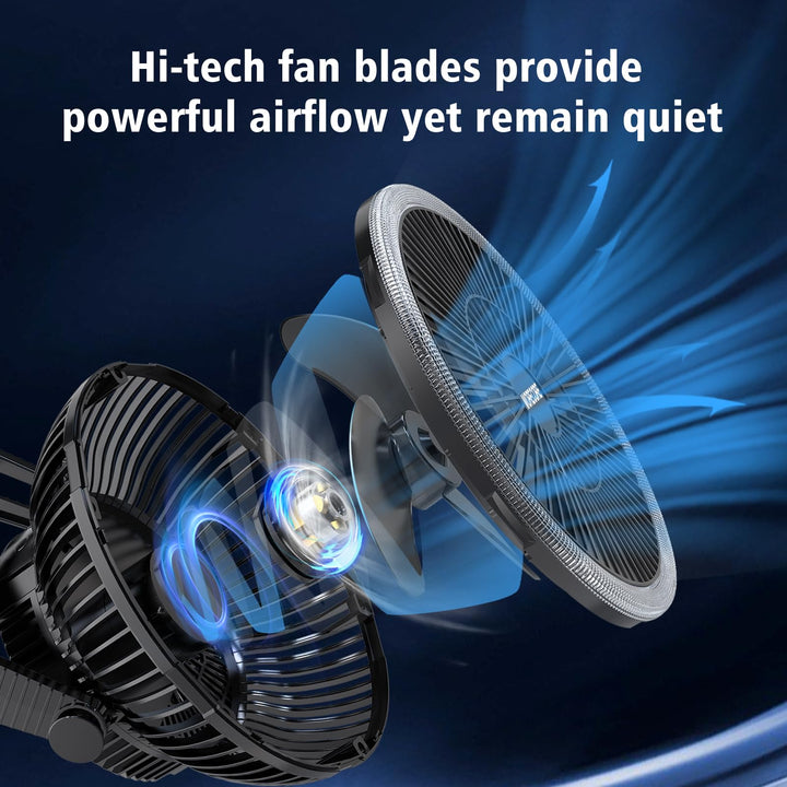 Camping Fan with Led Lantern - 10000mAh 8inch Rechargeable Battery Operated Tent Fan with Light and Hanging Hook for Outdoor Camping Tent RV Travel Fishing Hurricane Emergency Power Outage