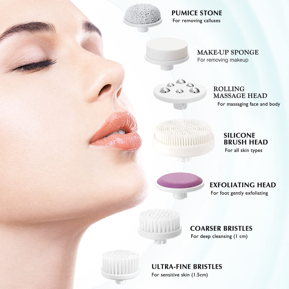 Facial Cleansing Brush Silicone Face Scrubber: 7 in 1 FBS-D Electric Exfoliating Rotating Massage Device Waterproof Deep Cleaning Exfoliation Spa Machine - Electronic Skin Care Wash System