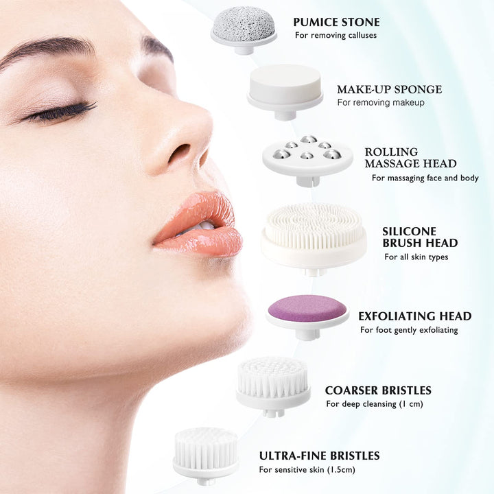 Facial Cleansing Brush Silicone Face Scrubber: 7 in 1 FBS-D Electric Exfoliating Rotating Massage Device Waterproof Deep Cleaning Exfoliation Spa Machine - Electronic Skin Care Wash System