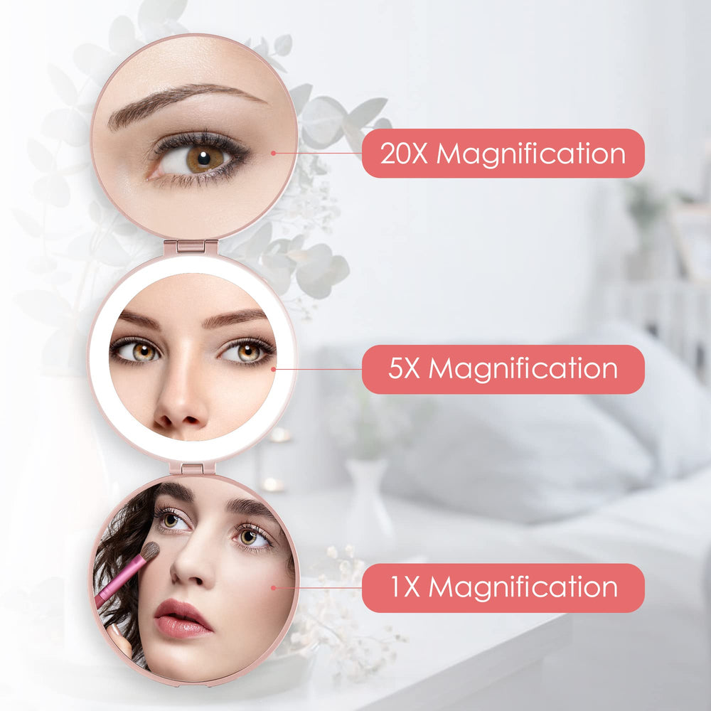 Magnifying Mirror with Light, Hand Mirror Travel Makeup Mirror with 3 Side 20X 5X 1X Magnification, Travel Magnifying Mirror for Pocket