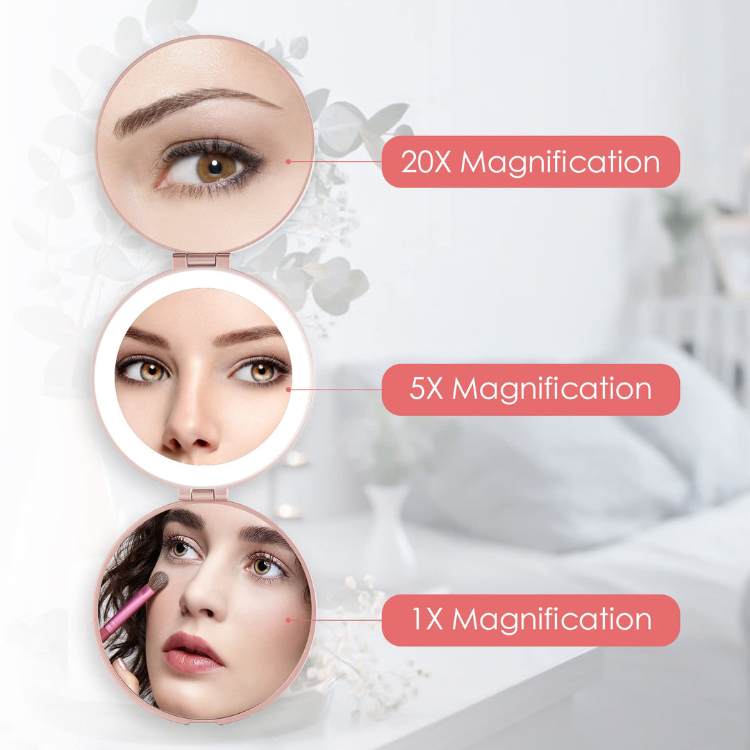 Magnifying Mirror with Light, Hand Mirror Travel Makeup Mirror with 3 Side 20X 5X 1X Magnification, Travel Magnifying Mirror for Pocket