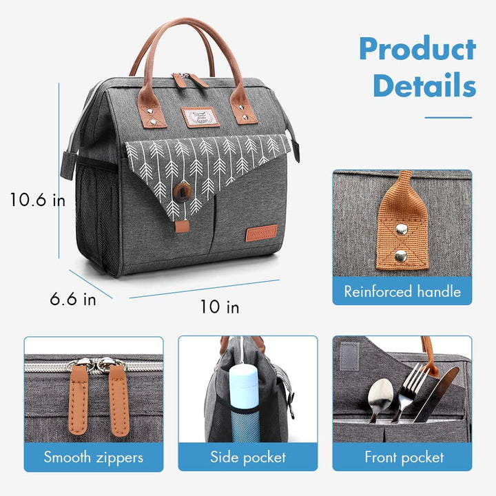 Lunch Bag for Women Insulated Lunch Box Leakproof Lunchbox for Adult Work, Grey