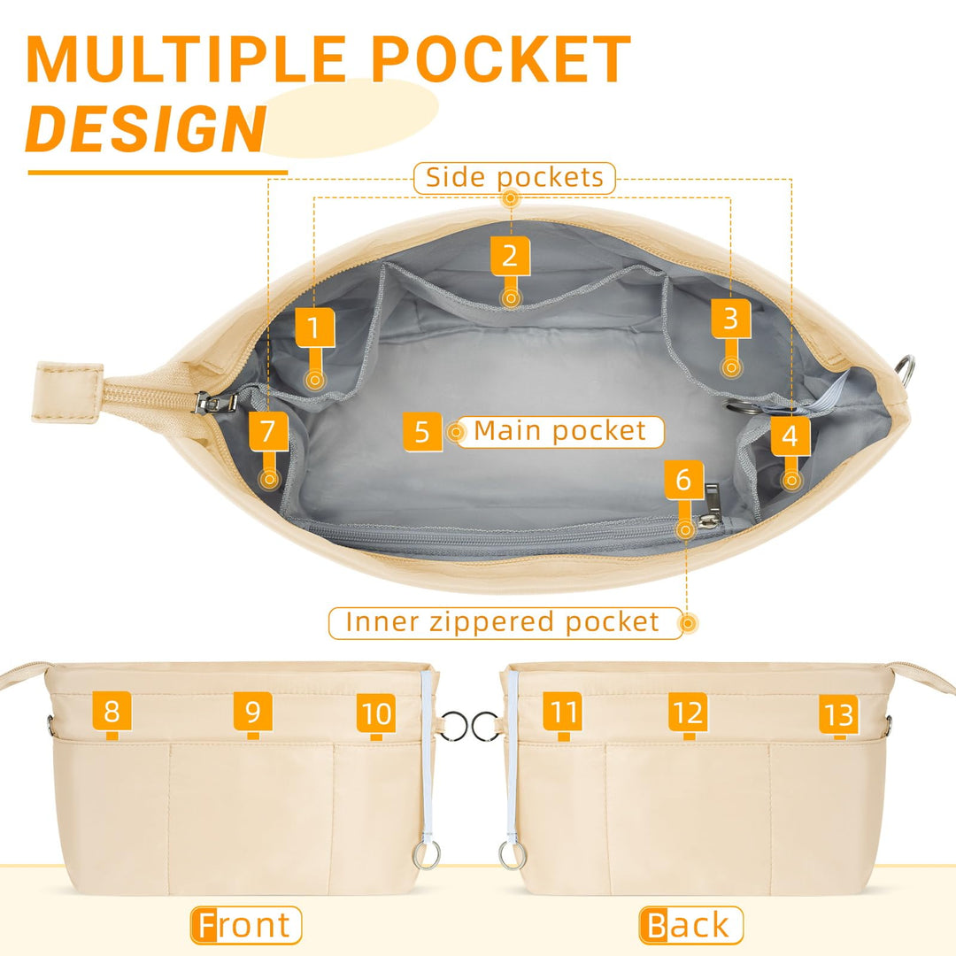 Purse Organizer Insert with Zipped Top for Tote Bag, Handbag Shaper with 13 Pockets, Beige S