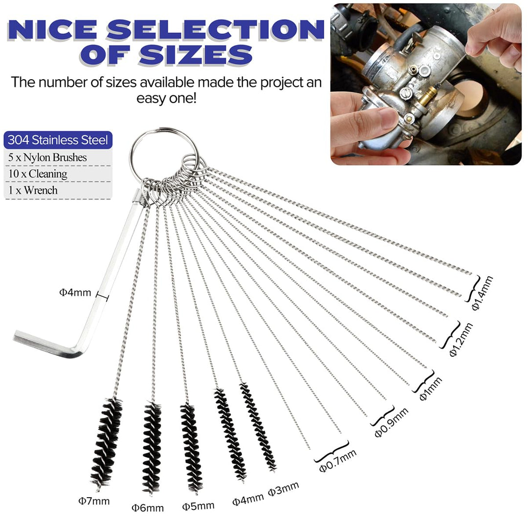 Premium Jet Cleaning Brushes, Carb Carburetor Cleaners Made of Heavy Duty Density Nylon and Stainless Steel 13 Cleaning Wires Set + 5 Nylon Brushes + 10 Cleaning Needles