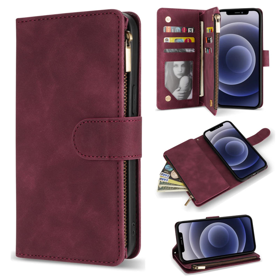 for iPhone 12 Case Wallet,iPhone 12 Pro Wallet Case with Card Slot Premium Soft PU Leather Zipper Folio Wallet with Wrist Strap Kickstand Protective for iPhone 12 Wallet Case(Wine Red 6.1 inch)