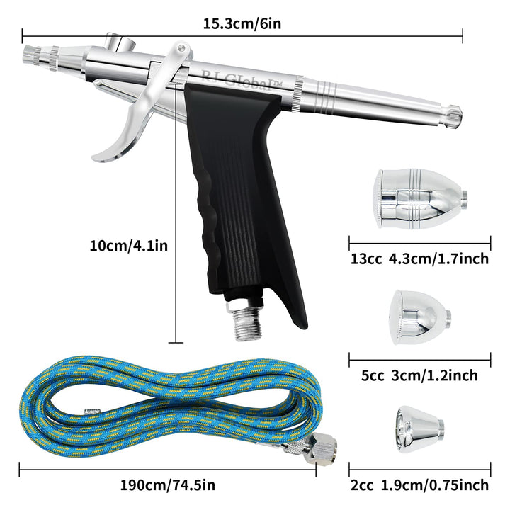 Double Action Airbrush Kit, Trigger Air Brush Spray Gun with 0.3, 0.2, 0.5mm Needles, 3 Sets Nozzles, Air Cap, 2cc/5cc/13cc Paint Cup, Air Hose, for Tattoo, Makeup, Nail, Model, Art Hobby