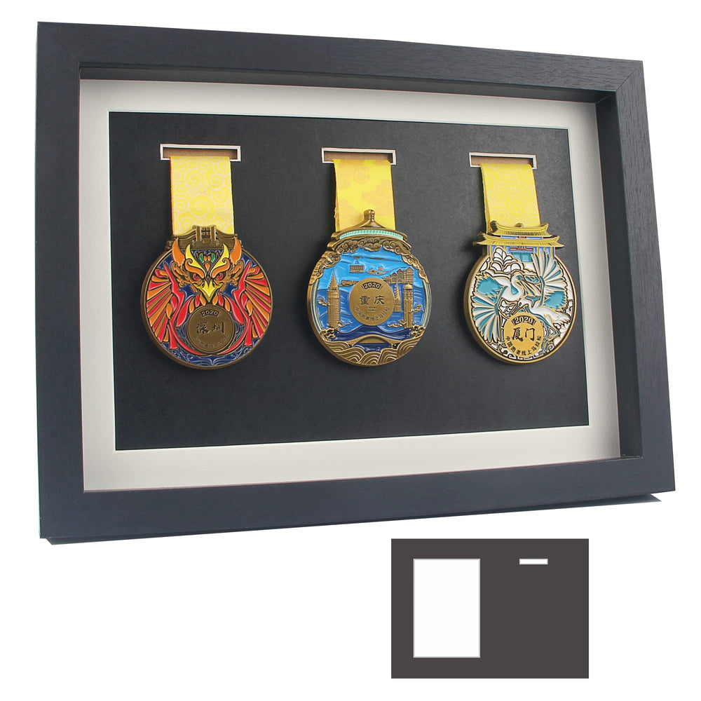 Medal Display Shadow Box - 3 Medal Display case - Perfect Medal Display for Runners, Marathon, RECE Winner, Soccer, Football, Gymnastics & All Sports (A4, black)