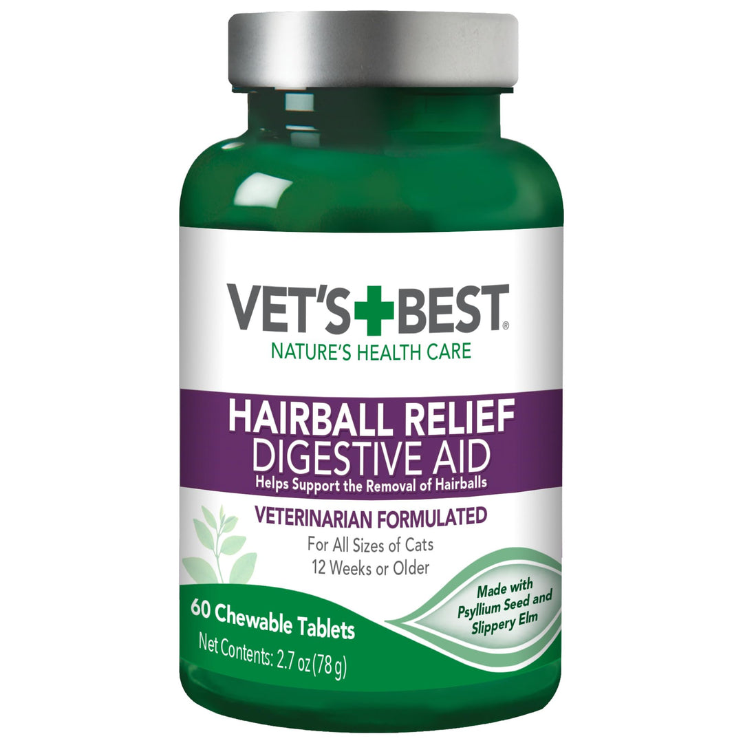Vet’s Best Cat Hairball Relief Digestive Aid, Vet Formulated Hairball Support Remedy, Hairball Relief for Cats, Classic Chicken Flavor, 60 Chewable Tablets