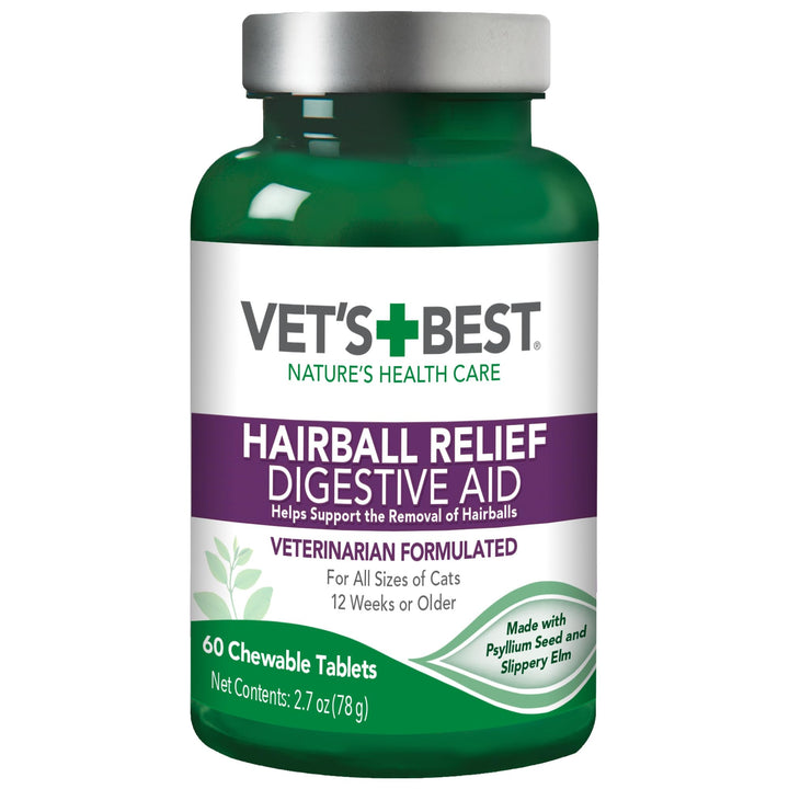 Vet’s Best Cat Hairball Relief Digestive Aid, Vet Formulated Hairball Support Remedy, Hairball Relief for Cats, Classic Chicken Flavor, 60 Chewable Tablets