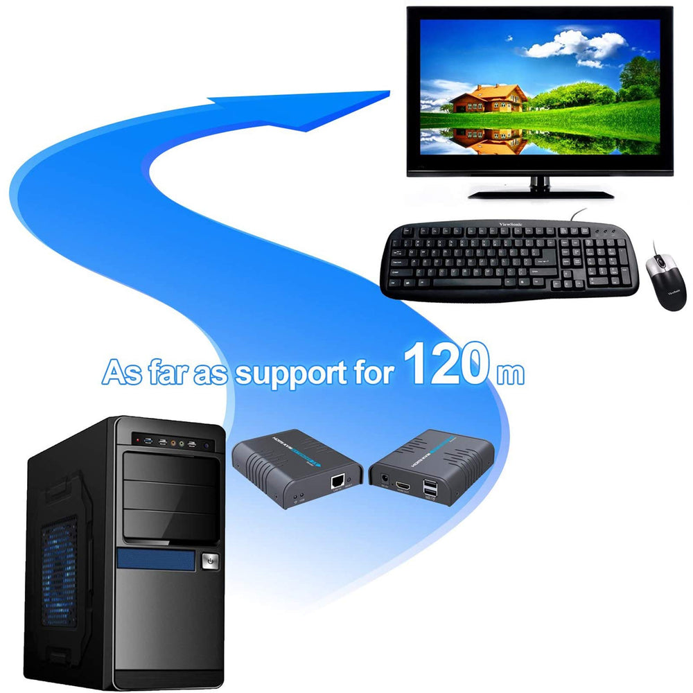 USB HDMI KVM Extender Over Single Cat 5/5E/6/7 Ethernet Cable- Signal Extension Up to 120m/365Ft- USB Keyboard Mouse Support- Adapter for Residential/Commercial Use