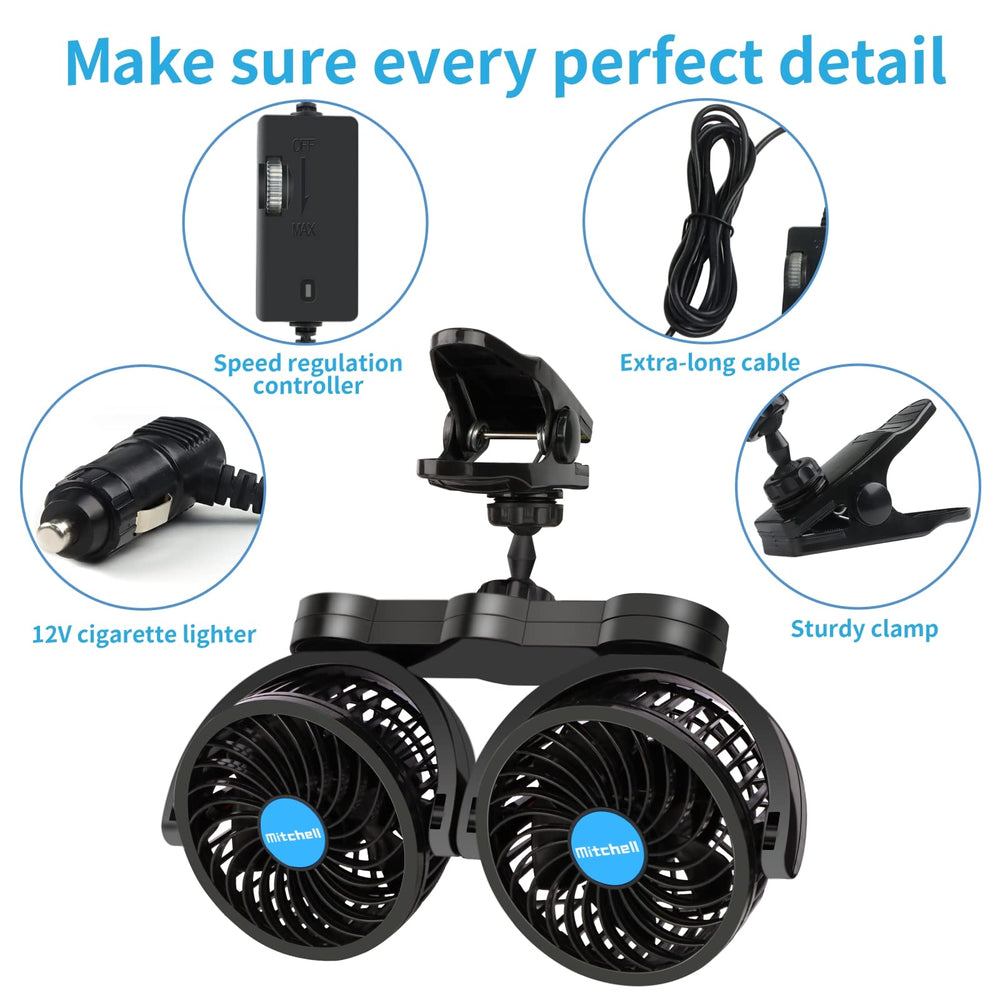 Dual Head 4 Inches Car Fan, 12v Adjustable Clip Fan with Stepless Speed Regulation, 360° Rotatable, Portable Car Cooler for Front/Rear Seat Passenger, SUV, RV
