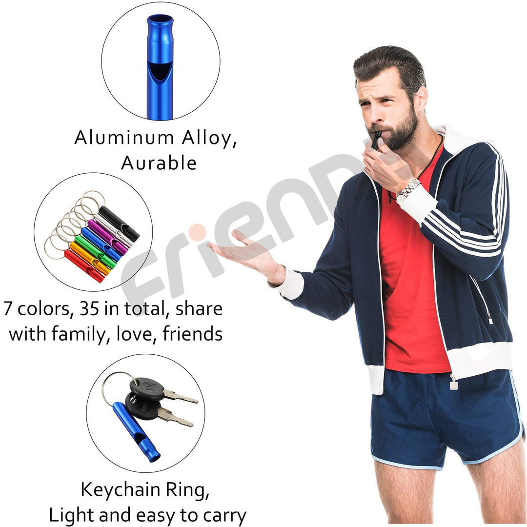 35 Pieces Emergency Whistle with Keychain, Aluminum Emergency Survival Whistle for Camping Hiking Hunting Outdoors Sports, Loud Sound, 7 Colors