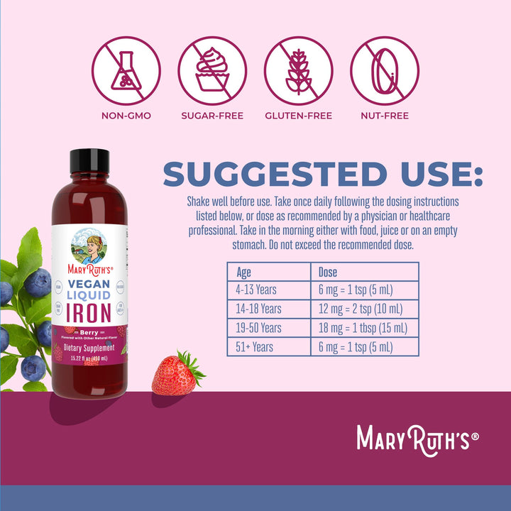Iron Supplement for Women Men & Kids, Liquid Iron Supplement for Women Men & Kids, Iron for Healthy Blood & Oxygen, Ages 4 & Up, Sugar Free, Vegan, Non-GMO, Gluten Free, 15.22 Fl Oz