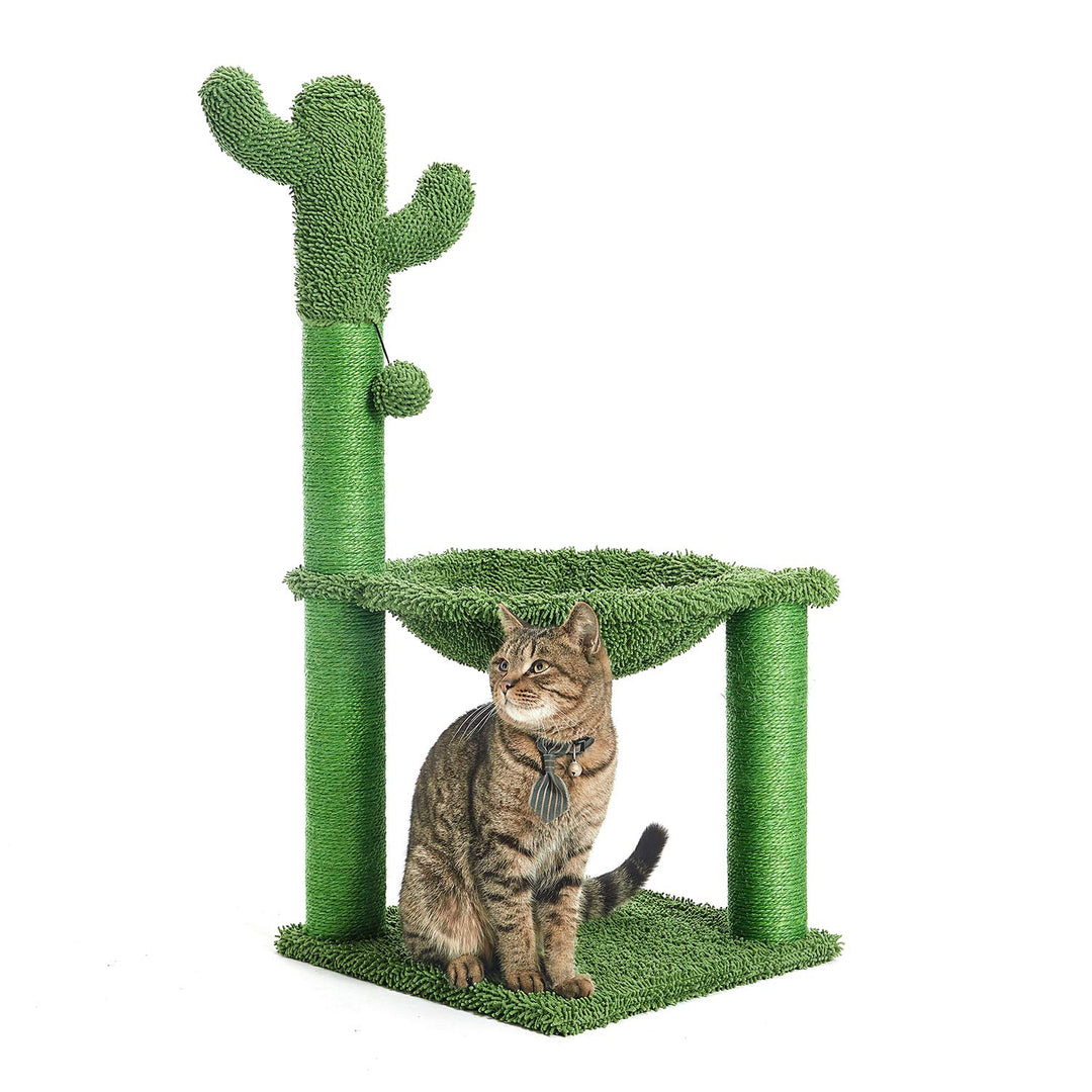 35 Inches Cactus Cat Tree with Hammock and Full Wrapped Sisal Scratching Post for Cats Green Large