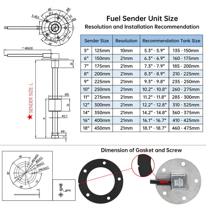 Marine Fuel Sending Unit Boat Fuel Tank Sender, 0-190ohms 12 (300mm) Stainless Steel Gas Sensor Water Fuel Gauge Sender for Boat Car Truck Vehicle