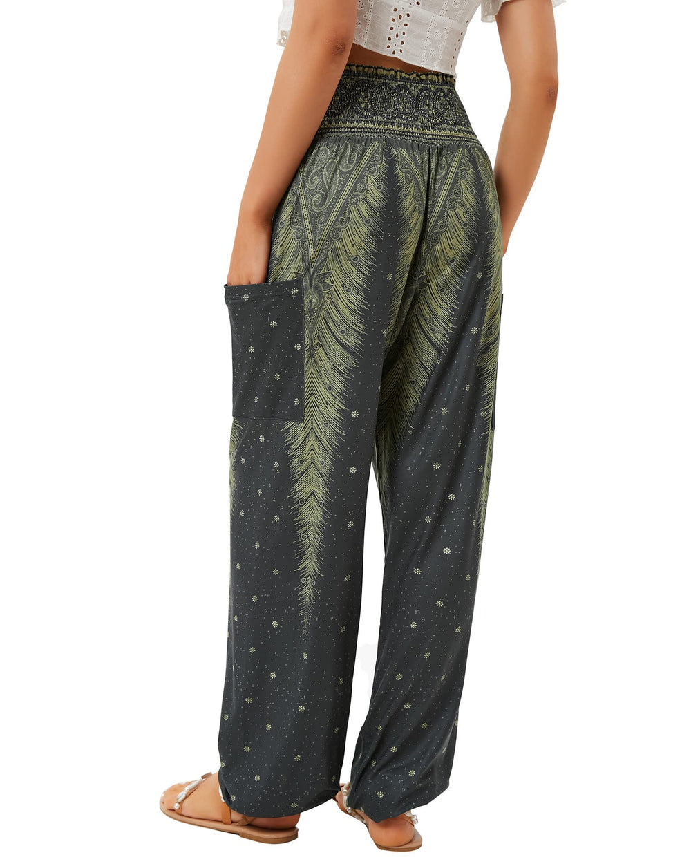 Women's Harem Pants, High Waist Yoga Boho Trousers with Pockets Elephant Black L