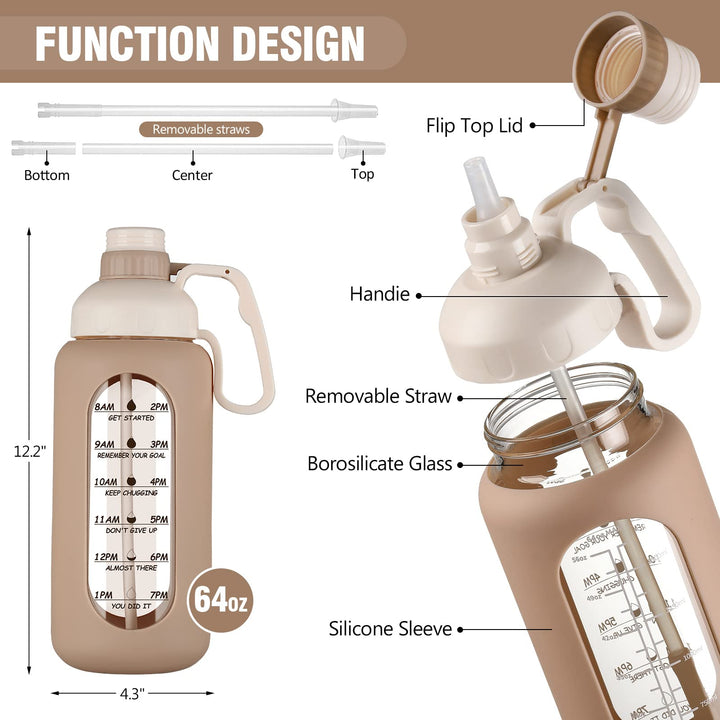 56oz Glass Water Bottle with Straw, Motivational Water Bottle with Silicone Sleeves and Handle,Leakproof BPA Free Wide Mouth Water Jug for Gym,Working,Outdoor,Amber