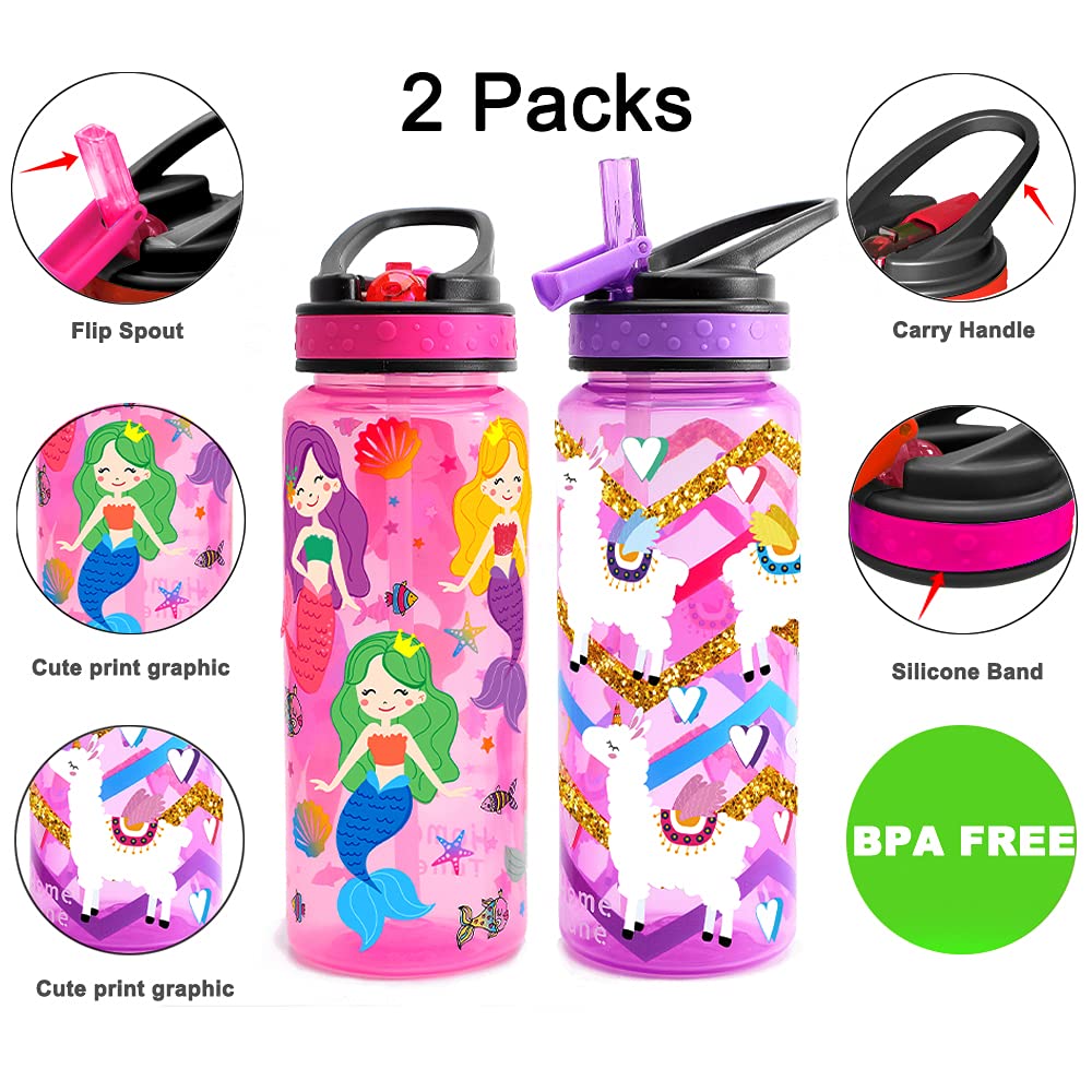 23oz Kids Water Drinking Bottle 2 Pack - BPA Free, Flip Straw Lid Cap, Lightweight, Carry Handle, Leak-Proof Water Bottle with Cute Design For Girls & Boys - Shark & Robot