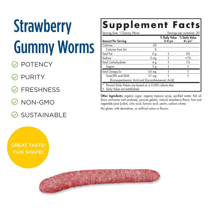 Nordic Omega-3 Gummy Worms, Strawberry - 30 Gummy Worms - 63 mg Total Omega-3s with EPA & DHA - - 30 Servings