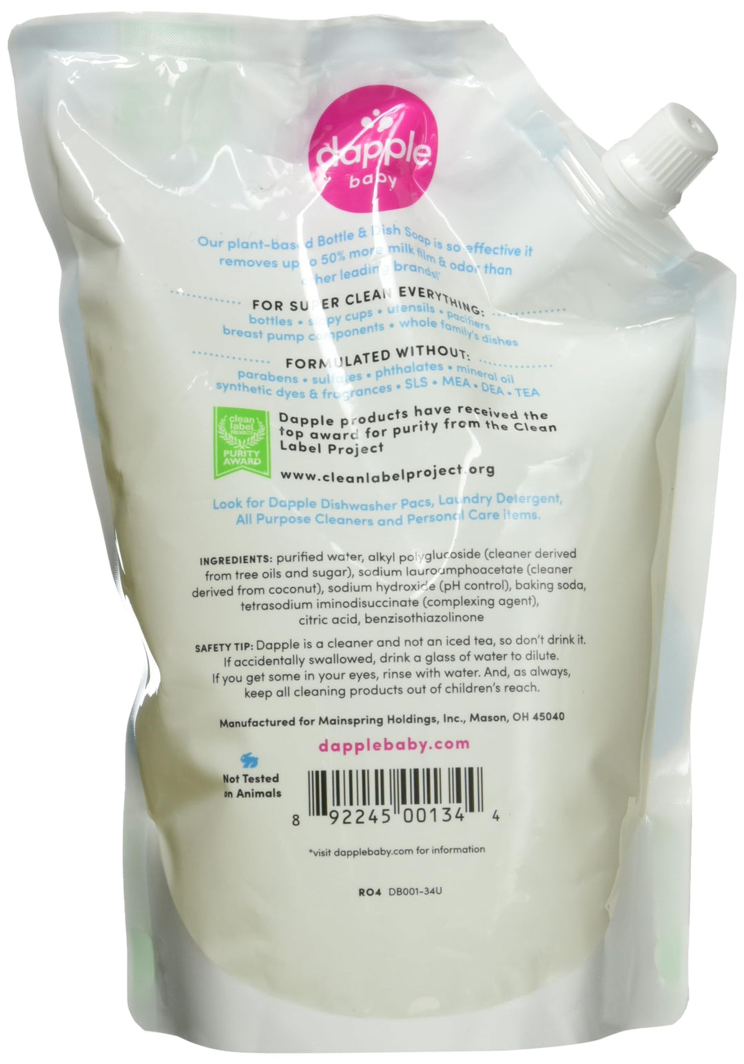 Refill Pack Baby Bottle and Dish Liquid, Fragrance Free, 33.8 Fluid Ounce