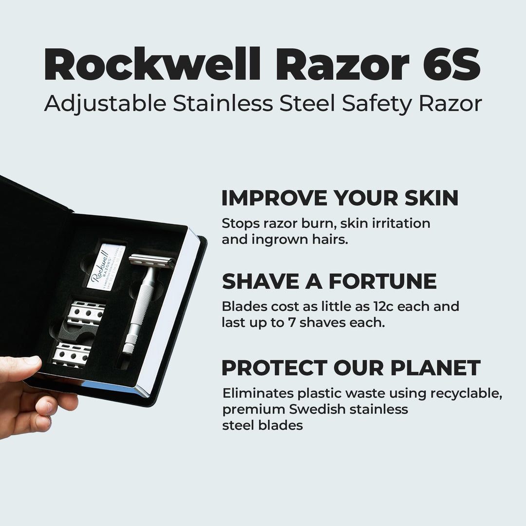 6S Stainless Steel Double-Edge Safety Razor with 6 Adjustable Shave Settings and 5 Blades, 8 Piece Set, Silver