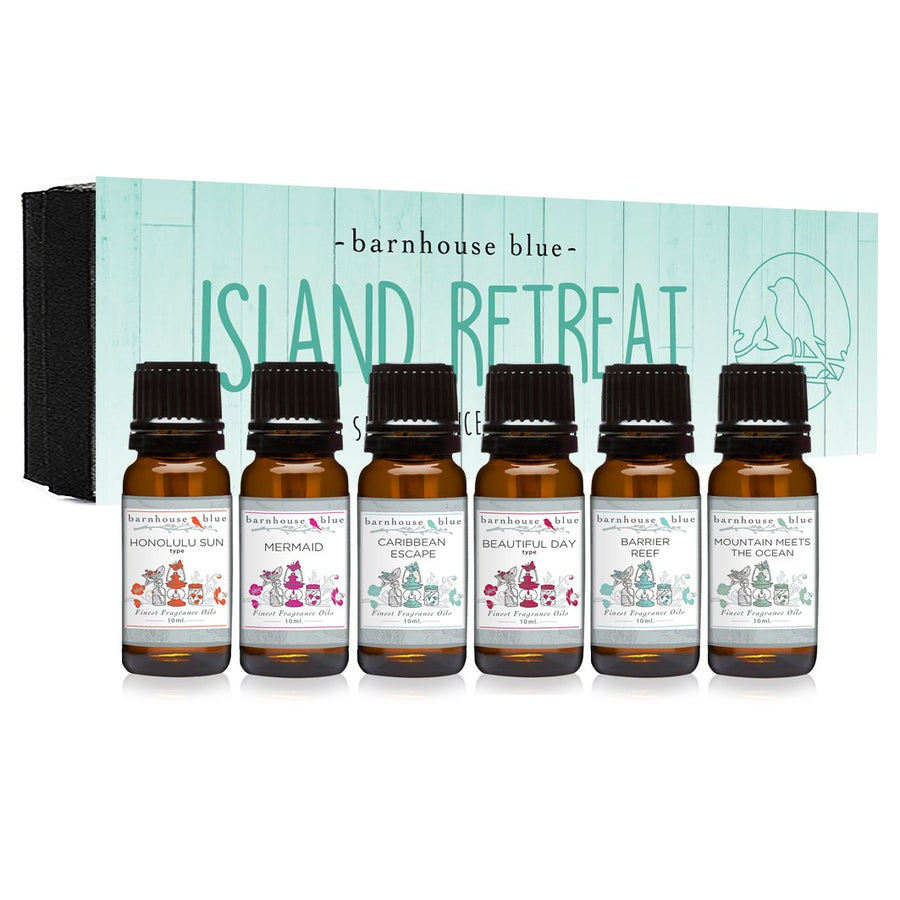 Island Retreat Set of 6 Premium Fragrance Oils - Includes Barrier Reef, Mountain Meets The Ocean, Beautiful Day, Caribbean Escape, Honolulu Sun, and Mermaid Scented Oils - 10ML