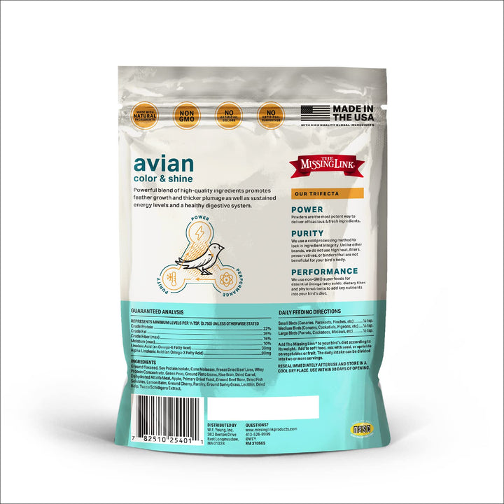 Avian Color & Shine Superfood Supplement Powder for Captive Birds - Flaxseed, Yucca, Kelp, Phytonutrients & Protein - Supports Energy, Plumage, Digestive & Immune Health - 3.5oz
